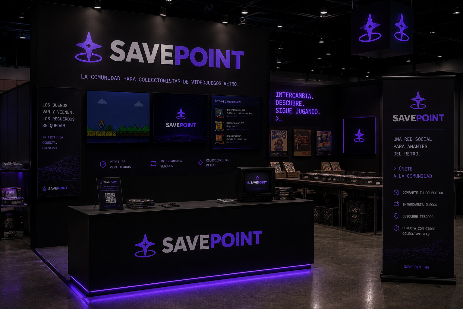Stand de Savepoint para una feria de videojuegos retro